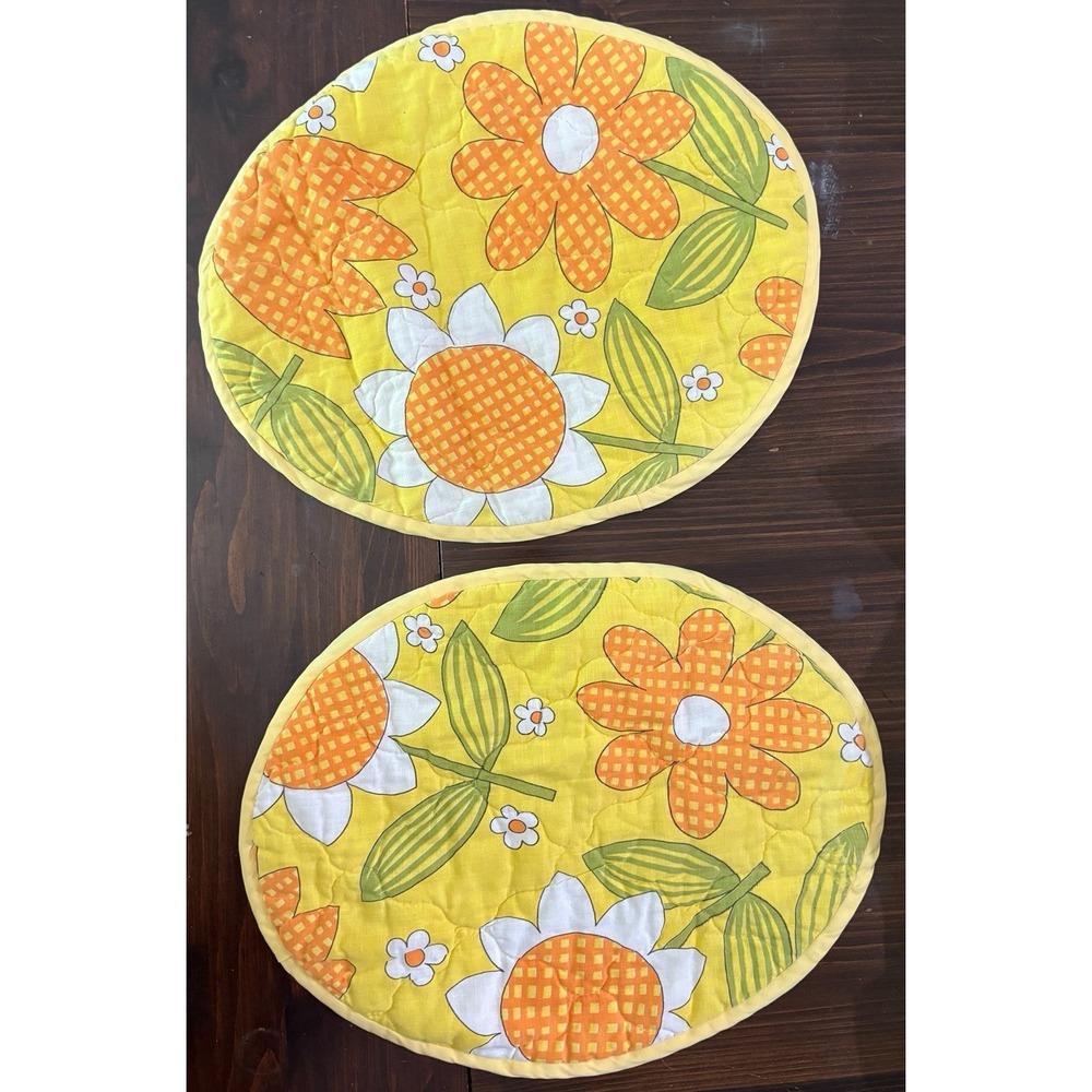 4 Vintage 70's Yellow And Orange Floral Quilted Place Mats  Read